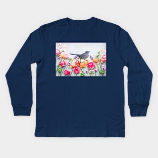 Gray Catbird in the Flower Garden Kids Long Sleeve T-Shirt